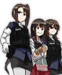  akagi_(kantai_collection) arrest ashigara_(kantai_collection) brown_hair bulletproof_vest cuffs ergot food food_on_face gun handcuffs handgun holster kantai_collection long_hair multiple_girls muneate nachi_(kantai_collection) pantyhose pistol police sunglasses weapon 