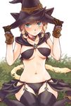  animal_ears bikini black_legwear blonde_hair blush breasts cat_ears cat_tail cleavage final_fantasy final_fantasy_xiv gloves green_eyes hat large_breasts looking_at_viewer miqo'te navel reitomo short_hair sitting solo swimsuit tail thighhighs wariza witch_hat 