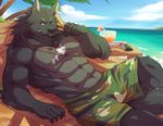  abs anthro beach biceps big_muscles blue_eyes canine dog_tags drink eyewear gun male mammal muscles outside pecs rabbity ranged_weapon seaside sky solo sonic_wolfe summer sunglasses trunks_(clothing) water weapon wolf 