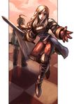  1girl agrias_oaks blonde_hair blurry boots braid brown_eyes checkered cloud cloudy_sky dakusuta depth_of_field final_fantasy final_fantasy_tactics girdle gloves highres knee_boots long_hair open_mouth ramza_beoulve sky sword weapon 