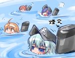  &gt;_&lt; ahoge akatsuki_(kantai_collection) anchor_symbol brown_hair closed_eyes folded_ponytail hat hibiki_(kantai_collection) ikazuchi_(kantai_collection) inazuma_(kantai_collection) kantai_collection long_hair machinery multiple_girls ocean purple_hair shinapuu short_hair silver_hair translated |_| 