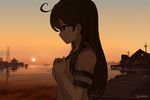  ahoge amagai_tarou bell brown_eyes brown_hair building dark from_side hand_on_own_chest harbor house jingle_bell kantai_collection long_hair ocean profile school_uniform serafuku ship silhouette solo sunset upper_body ushio_(kantai_collection) water watercraft 