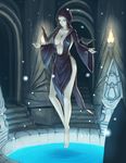  bird black_hair breasts cleavage floating green_eyes highres hood indoors large_breasts legs massive_kagawa nocturnal raven_(animal) robe side_slit solo the_elder_scrolls the_elder_scrolls_v:_skyrim water 