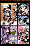  blue_eyes blush book braid genocide_kitten hard_translated hat izayoi_sakuya left-to-right_manga long_hair maid multiple_girls patchouli_knowledge remilia_scarlet short_hair tiles touhou translated wings 