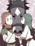  1girl agro black_eyes bridle dress green_hair hairband horse kiss long_hair mono red_hair shadow_of_the_colossus sweat tensugi_takashi tunic wander 