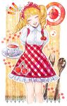  :d ^_^ cherry clock closed_eyes copyright_request food food_themed_clothes fork fruit head_tilt musical_note open_mouth skirt smile solo sparkle spoon tea twintails waitress yamaji_maya 