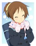  ^_^ ashita_kara_ganbaro bag brown_hair closed_eyes coat gloves happy hirasawa_ui k-on! ponytail scarf school_uniform short_hair smile solo winter winter_clothes winter_coat 