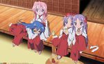  blue_eyes blue_hair braid duplicate hair_ribbon highres hiiragi_kagami hiiragi_tsukasa izumi_konata japanese_clothes long_hair lucky_star miko mole mole_under_eye multiple_girls pink_hair purple_eyes purple_hair ribbon short_hair sleeping smile takara_miyuki tea temple twintails very_long_hair wallpaper watermark 