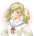  blonde_hair blush collarbone enomoto_kei green_eyes hatsukoi_limited hiyori long_hair lowres school_uniform serafuku solo sweatdrop twintails upper_body 