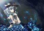  bad_id bad_pixiv_id blue_eyes blue_flower blue_rose bow finger_to_mouth flower fori hat komeiji_koishi looking_back rose silver_hair solo sunlight touhou 