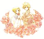  1girl bangs blonde_hair crying expressionless eyelashes flower hair_bun holding holding_flower ichiko_(hanakasu) japanese_clothes kagamine_len kagamine_rin kappougi kimono long_sleeves looking_at_viewer ponytail red_flower rose sash sigre_(vocaloid) simple_background streaming_tears swept_bangs tears upper_body vocaloid white_background 