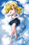  barefoot blonde_hair blue_eyes cloud dengshuyu feet k-on! kotobuki_tsumugi long_hair lying piano_print solo water 