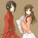  ahoge axis_powers_hetalia black_hair brown_eyes brown_hair changpao chinese_clothes flower hair_flower hair_ornament hong_kong_(hetalia) long_sleeves lowres plum_blossom plum_blossoms simple_background skirt sleeves_past_wrists taiwan_(hetalia) 