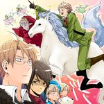  ahoge america_(hetalia) axis_powers_hetalia bear blonde_hair brown_hair canada_(hetalia) cape fairy gaijin_4koma happy hong_kong_(hetalia) horns kumajirou_(hetalia) male_focus military military_uniform multiple_boys polar_bear sealand_(hetalia) stuffed_animal stuffed_toy unicorn uniform united_kingdom_(hetalia) wizard youko_(santarose) 