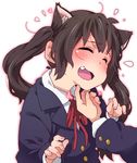  animal_ears black_hair blazer blush cat_ears fang jacket k-on! nakano_azusa neck_ribbon red_ribbon ribbon school_uniform solo takanashi_ringo tickling twintails 