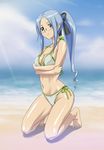 ace_online bad_id bad_pixiv_id barefoot beach bikini blue_hair day glasses green_eyes highres kneeling legs long_hair monica_(ace_online) outdoors ponytail solo swimsuit zouni_(xavier) 