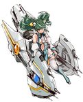  ahoge boots center_opening detached_sleeves eyepatch green_footwear green_hair hair_ornament july13th mecha_musume medium_hair navel otomedius simple_background sketch solo thighhighs tita_nium twintails white_background yellow_eyes 