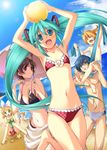  2boys 3girls aqua_eyes aqua_hair armpits arms_up ball beach bikini blonde_hair blue_eyes blue_hair blue_scarf brown_eyes brown_hair crab crustacean day dosanko hair_ornament hair_ribbon hairclip hatsune_miku kagamine_len kagamine_rin kaito long_hair male_swimwear meiko multiple_boys multiple_girls ocean outdoors ribbon scarf short_hair sky smile sun swim_briefs swimsuit swimwear twintails umbrella vocaloid 