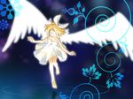  angel_wings barefoot blonde_hair closed_eyes hair_ribbon highres junji kagamine_rin ribbon ripples short_hair skirt solo vocaloid white_skirt wings 