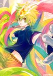  bad_id bad_pixiv_id belt blonde_hair cowboy_shot katekyo_hitman_reborn! looking_at_viewer maguchimo male_focus midriff navel pants sawada_tsunayoshi shirt solo spiked_hair stomach t-shirt 