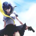  blue_eyes blue_hair dutch_angle from_below gun handgun houndstooth persona persona_4 pleated_skirt revolver sakurasawa_yukino school_uniform serafuku shirogane_naoto short_hair skirt sky solo weapon wind wind_lift 