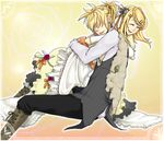  1girl bad_id bad_pixiv_id blonde_hair brother_and_sister closed_eyes dress formal hii_(air2754) holding hug kagamine_len kagamine_rin siblings smile twins vocaloid 
