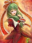  blush front_ponytail green_eyes green_hair hair_ribbon kagiyama_hina long_hair one_eye_closed open_mouth ribbon sai-go solo touhou 