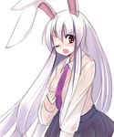 animal_ears blush bunny_ears long_hair long_sleeves looking_at_viewer necktie one_eye_closed open_mouth purple_hair purple_neckwear red_eyes reisen_udongein_inaba see-through seo_tatsuya simple_background skirt solo touhou tsundere white_background 