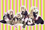  5girls apron axis_powers_hetalia bad_id bad_pixiv_id belarus_(hetalia) blonde_hair dress gloves green_eyes hair_ribbon heart hug long_hair multiple_girls petting ponjiritsu ribbon russia_(hetalia) scarf siblings striped trembling 