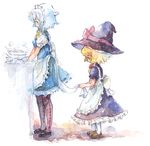  blonde_hair blue_eyes braid gogo/tad hairband hat izayoi_sakuya kirisame_marisa multiple_girls pantyhose short_hair silver_hair time_paradox touhou traditional_media watercolor_(medium) witch_hat yellow_eyes younger 