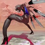  bad_id bad_pixiv_id cloud foreshortening frills from_below hands high_heels izayoi_sakuya knife looking_back perspective red_eyes red_sky shadow shoes silver_hair sky solo thighhighs throwing_knife touhou weapon youyou_(yoyoyo) 