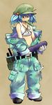  blue_hair cucumber dirty gloves hair_bobbles hair_ornament hat jumpsuit kawashiro_nitori key midriff mouth_hold navel oversized_clothes short_hair solo touhou twintails two_side_up unzipped wrench yanomasashi 