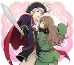  1girl axis_powers_hetalia bad_id bad_pixiv_id beret brown_hair cape couple gloves green_eyes hat hetero holding hug hungary_(hetalia) long_hair military military_uniform musketeer protecting prussia_(hetalia) purple_eyes short_hair silver_hair sword topon_(dallar) uniform weapon 