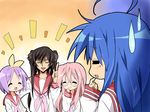  3girls ahoge bad_id bad_pixiv_id black_hair closed_eyes code_geass cosplay crossdressing crossover hair_ribbon hiiragi_kagami hiiragi_kagami_(cosplay) hiiragi_tsukasa izumi_konata lucky_star luluko maruki_(punchiki) mole mole_under_eye multiple_girls pink_neckwear ribbon ryouou_school_uniform school_uniform serafuku sweatdrop 