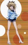  absurdres asu_no_yoichi blonde_hair blue_eyes blush casual cellphone feet hair_ribbon high_heels highres ikaruga_ayame legs morishima_noriko phone ribbon sandals shoes short_shorts shorts solo 