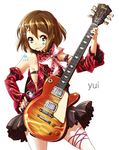  bare_shoulders brown_eyes brown_hair candy character_name cosplay detached_sleeves electric_guitar error facepaint food frills guitar hair_ornament hairclip hirasawa_yui instrument k-on! lollipop mouth_hold nail_polish nekomamire purple_nails short_hair simple_background smile solo spade_(shape) white_background 