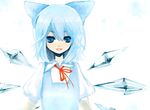  bad_id bad_pixiv_id blue_eyes blue_hair bow cirno hair_bow kurasawa_moko large_bow lips neck_ribbon ribbon short_hair smile solo touhou wings 