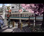  5_centimeters_per_second bad_id bad_pixiv_id building car cherry_blossoms gori_matsu ground_vehicle male_focus motor_vehicle railroad_crossing real_world_location sign solo stairs tokyo_(city) train tree 