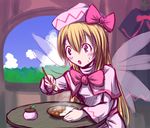  blonde_hair blush bow curry eating food hat lily_white long_hair no_nose solo spoon touhou verynezumi wings 