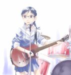  black_hair brown_eyes drum glasses guitar instrument microphone microphone_stand original school_uniform serafuku solo t_heru 