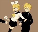  1girl bad_id bad_pixiv_id blonde_hair blue_eyes brother_and_sister hair_ornament hair_ribbon hairclip heart hitujiya kagamine_len kagamine_rin ribbon school_uniform short_hair siblings sweat thighhighs twins vocaloid 