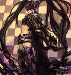  armor belt black_hair black_rock_shooter boots chain gauntlets greaves insane_black_rock_shooter long_hair midriff mikebosi purple_eyes scar shorts solo thigh_boots thighhighs twintails 