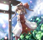  bad_id bad_pixiv_id bow brown_hair detached_sleeves hair_bow hakurei_reimu looking_back red_eyes solo takemori_shintarou torii touhou 