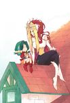  ^_^ bad_id bad_pixiv_id blonde_hair boots closed_eyes crossed_legs green_hair kinako_(moment) multicolored_hair multiple_girls red_hair rooftop sitting the_queen_(yadamon) timon_(yadamon) yadamon yadamon_(character) 
