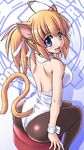  ahoge animal_ears arched_back ass back blonde_hair blue_eyes cat_ears cat_tail curvy kittysuit long_hair looking_back original pantyhose pudding_(tonpuu) ribbon sitting solo stool tail tonpuu twintails 
