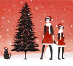  bad_id bad_pixiv_id banned_artist bird black_gloves bob_cut cat christmas dress fingerless_gloves flat_color gloves hat kumaori_jun multiple_girls original pantyhose santa_costume scarf snow surreal tree 