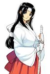  black_hair headband japanese_clothes katana long_hair low-tied_long_hair lowres miko oda_non queen's_blade sheath sheathed sword tomoe weapon 