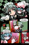  blue_eyes blush braid genocide_kitten hard_translated hat izayoi_sakuya left-to-right_manga maid mirror multiple_girls remilia_scarlet short_hair tiles touhou translated wings 