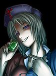  bangs black_background blue_eyes bottle breasts cross evil_grin evil_smile glowing glowing_eyes green_hair grin hat head_tilt large_breasts long_hair looking_at_viewer nurse_cap pointing shaded_face silver_hair smile solo touhou upper_body verynezumi yagokoro_eirin 