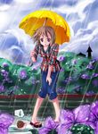  brown_eyes brown_hair casual dengshuyu flower hair_ornament hairclip hirasawa_yui hydrangea k-on! leaning_forward rain sandals short_hair sleeves_rolled_up snail solo umbrella 